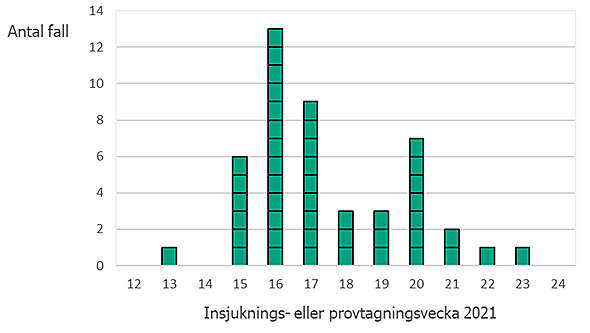 Stapeldiagram som visar ntalet svenska fall av Salmonella Braenderup per insjuknings- eller provtagningsvecka 2021-07-22
