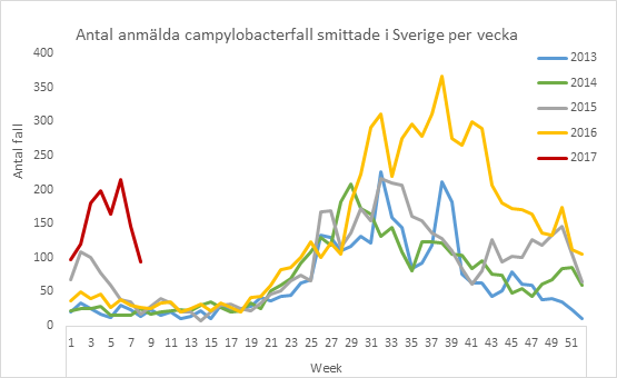 Figur 1. Antal anmälda campylobacterfall smittade i Sverige per vecka under 2013 till och med vecka 8 2017. Observera att uppgifterna om smittland uppdateras kontinuerligt varför i synnerhet antalet inhemska fall under de senaste veckorna kan komma att justeras uppåt.