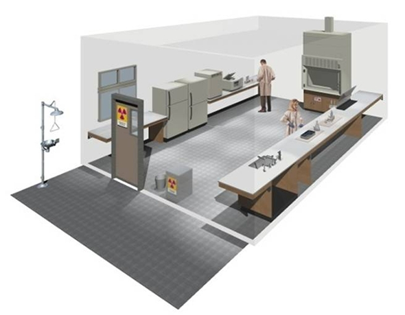 Bilden visar utrustning som är typisk för skyddsnivå 1, exempelvis laboratoriebänkar och att personalen bär skyddsrock.