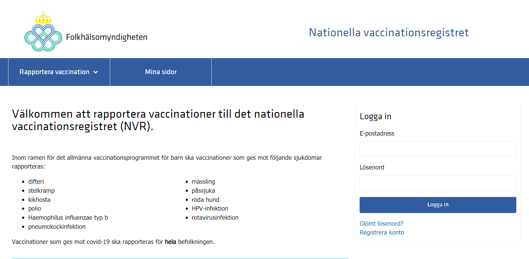 Bilden visar skärmdump från inloggningssidan till det nationella vaccinationsregistrets manuella inrapportering.