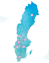 Karta över Sverige som visar att sökanden kan ha köket i en kommun. Däremot behöver sökanden ha tillstånd i varje kommun där serveringen är tänkt att ske.