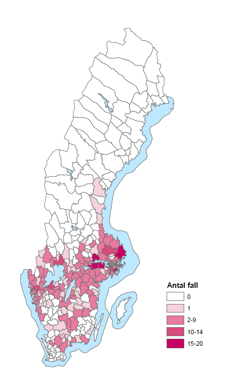Flest fall rapporterades från kommuner i den södra tredjedelen av Sverige. Många fall rapporterades runt Mälaren. Källa: Folkhälsomyndigheten.