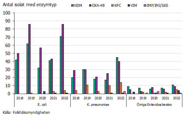 Under 2022 ses lite fler isolat med OXA-48 än NDM hos K. pneumoniae. 