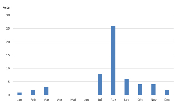 Antal rapporterade inhemska fall med vibrioinfektion per månad 2014.