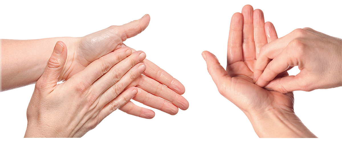Illustration hur man desinficerar händerna genom att sprida medlet över händerna och sedan rotera fingertopparna i handflatan.