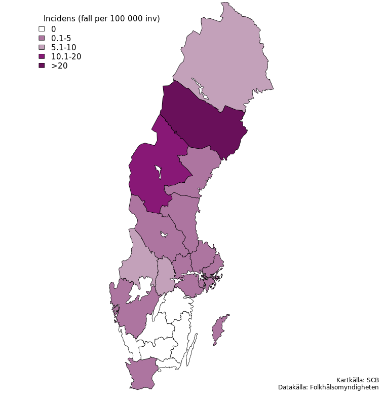 Incidensen var högst i Västerbotten följt av Jämtland och Norrbotten. Källa: Folkhälsomyndigheten.