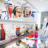 Arbete i mikrobiologisk säkerhetsbänk i P4-zonen av säkerhetslaboratoriet